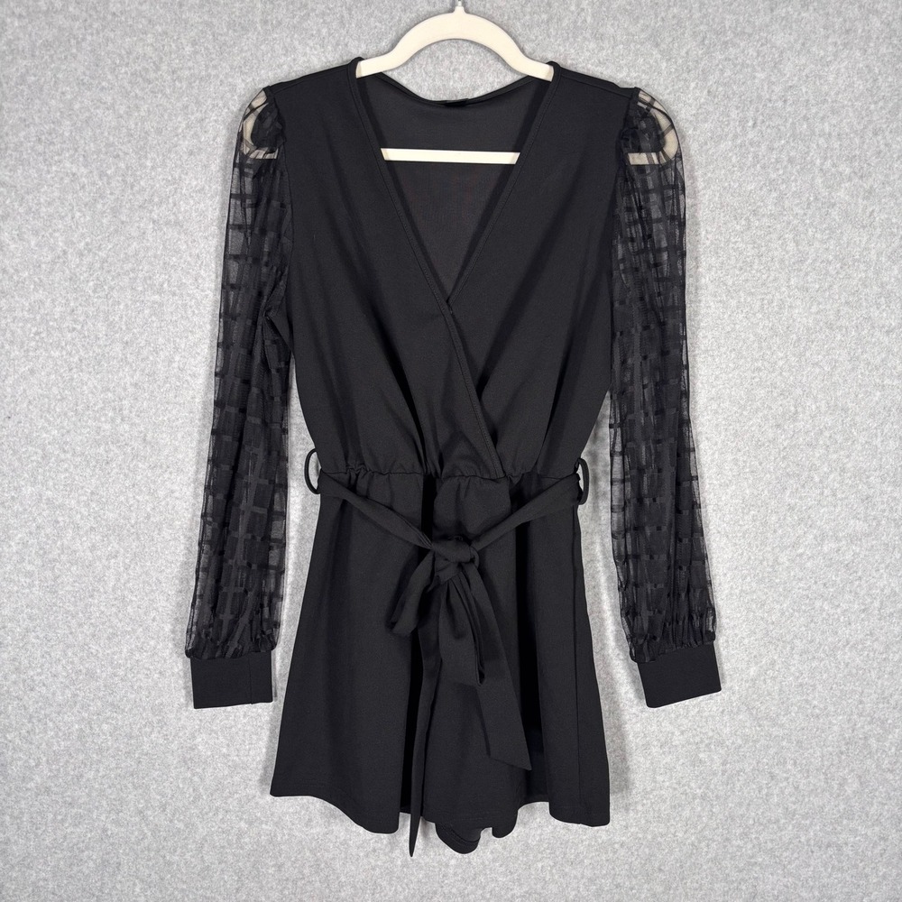 Mesh Plaid Wrap Romper Small Black Sheer Belt Preppy Career Whimsigoth Witchy